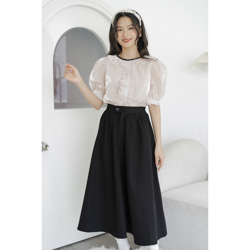 Áo Organza Cổ Phối Viền Đen Nhún Bèo Cúc Đá A211
