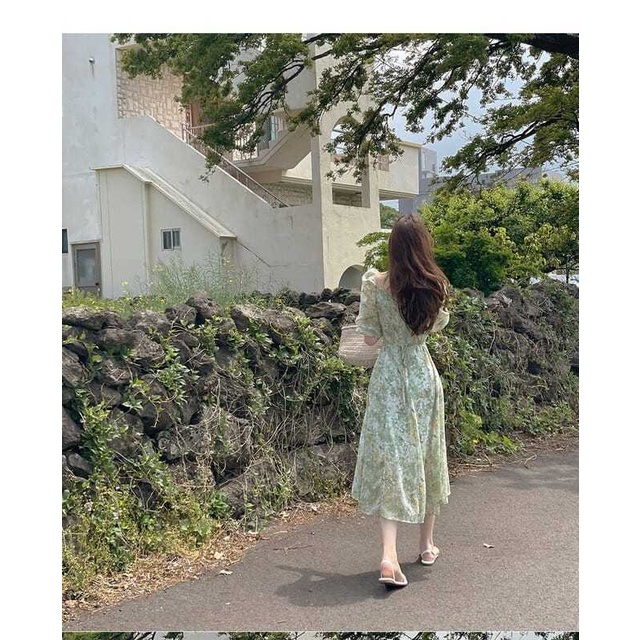 Đầm Lửng Tay Lửng Cổ Vuông Eo Cao Phong Cách Hàn Quốc Thời Trang Cho Nữ