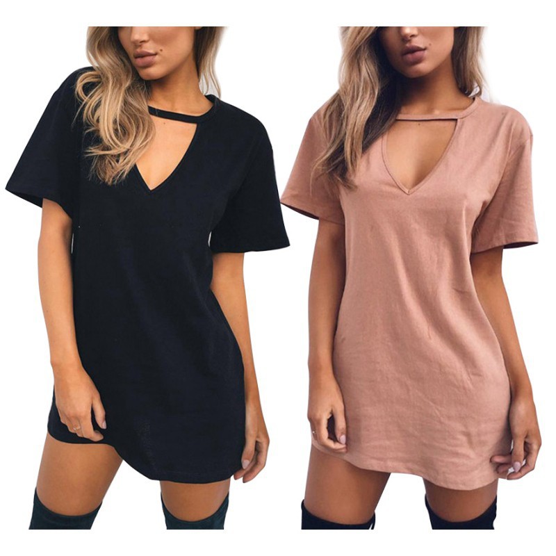 Đầm tay ngắn cổ chữ V thiết kế màu trơn thời trang nữ | BigBuy360 - bigbuy360.vn