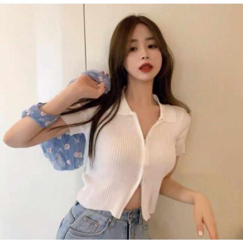 Áo thun dệt kim cardigan ngắn tay polo kéo khóa phong cách Hàn Quốc , freesize