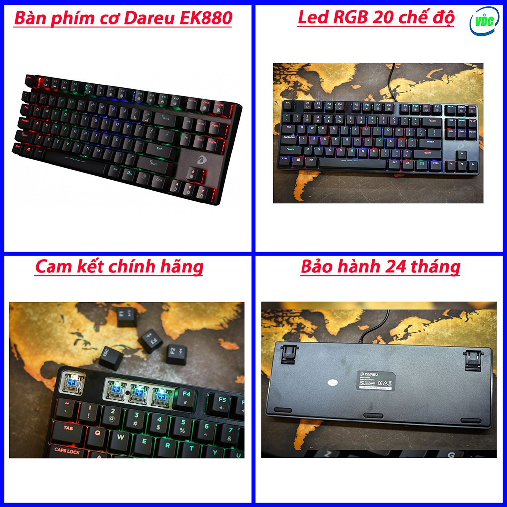 Bàn phím cơ Gaming Dareu EK880 - Mã cũ DK880 - Led RGB 20 chế độ - Chính hãng phân phối - Bảo hành 2