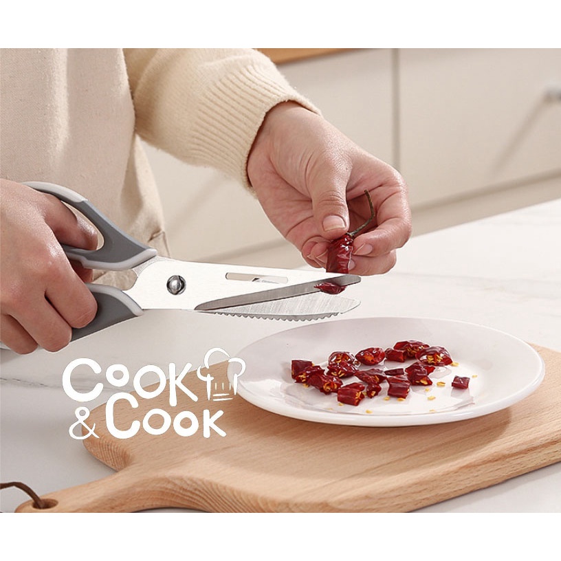 Kéo cắt thịt lưỡi inox tay cầm nhựa mềm nhám đa năng tiện lợi có nhiều màu tím xanh lá xám 23cm 145g