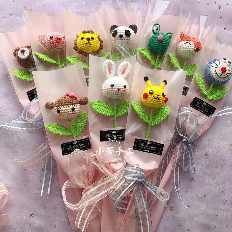 Sản Phẩm Hoàn Thiện Bó Hoa Đầu Búp Bê Đan Móc Thủ Công Hình Động Vật Hoạt Hình Dễ Thương Làm Quà Tặng Kỳ Nghỉ