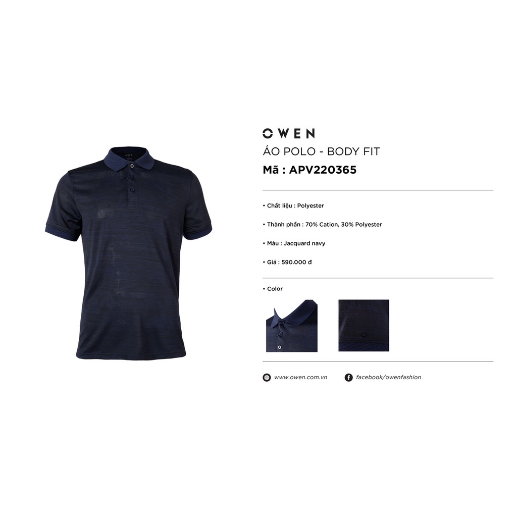 Áo thun nam có cổ bẻ polo OWEN APV220365 phông ngắn tay hàng hiệu cao cấp dáng body fit màu xanh navy vải polyester