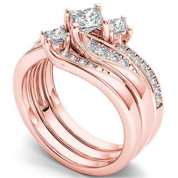 Bộ ba nhẫn khảm đá zircon mạ vàng 18K phong cách Âu Mỹ