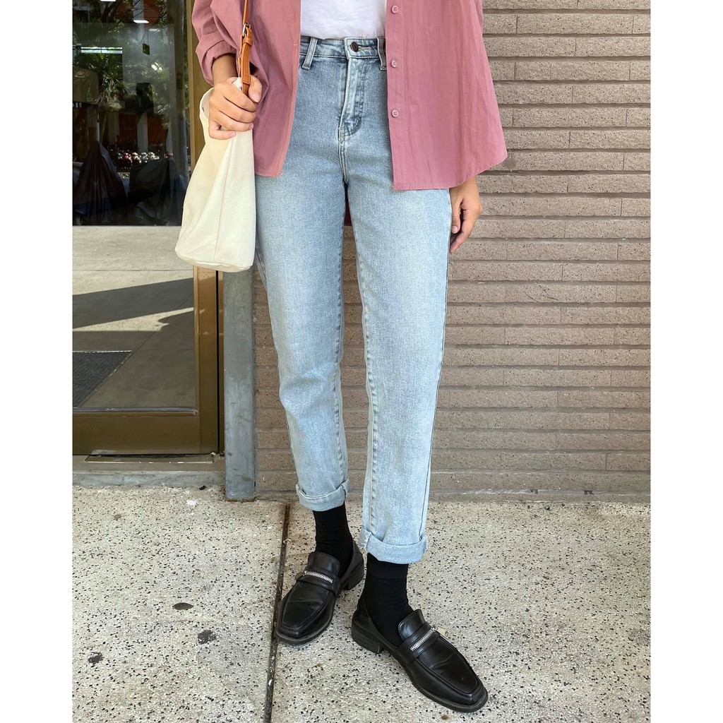 Quần boyfriend jeans trơn LEN clothing màu nhạt 7313