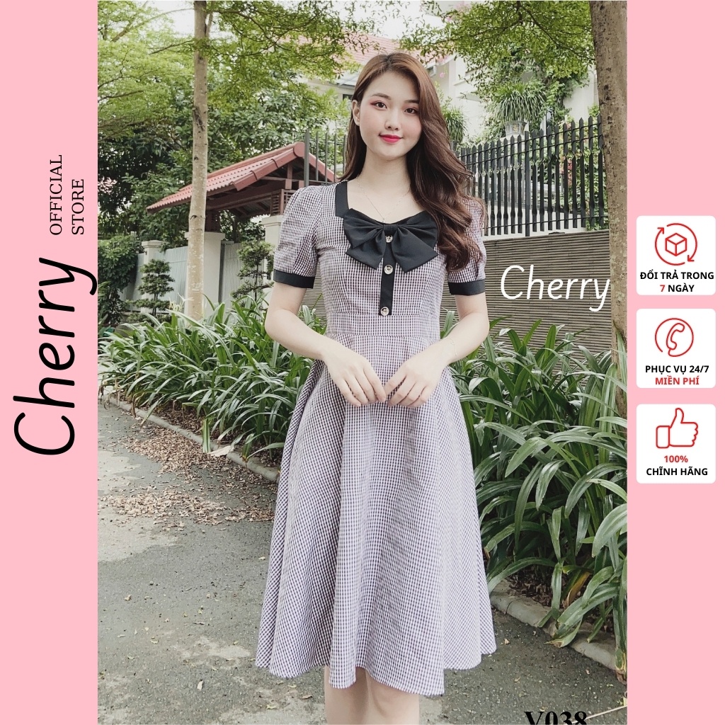Đầm công sở kẻ caro nhỏ thắt nơ, váy vintage dáng xòe xinh đẹp, ngắn tay xinh xắn phù hợp đi làm dự tiệc  Cherry - V038