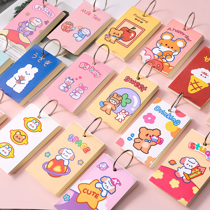 Flashcard học tiếng nước ngoài cute ngộ nghĩnh 110 tờ Flash card kèm khoen