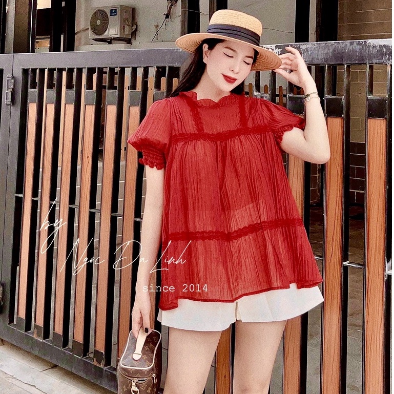 Set áo tơ đỏ viền ren xinh xắn mix quần short đùi tacta BN10107