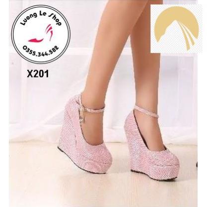 Giày đế xuồng 15cm da nhũ quai vòng cổ chân 2 màu hồng bạc ms X201