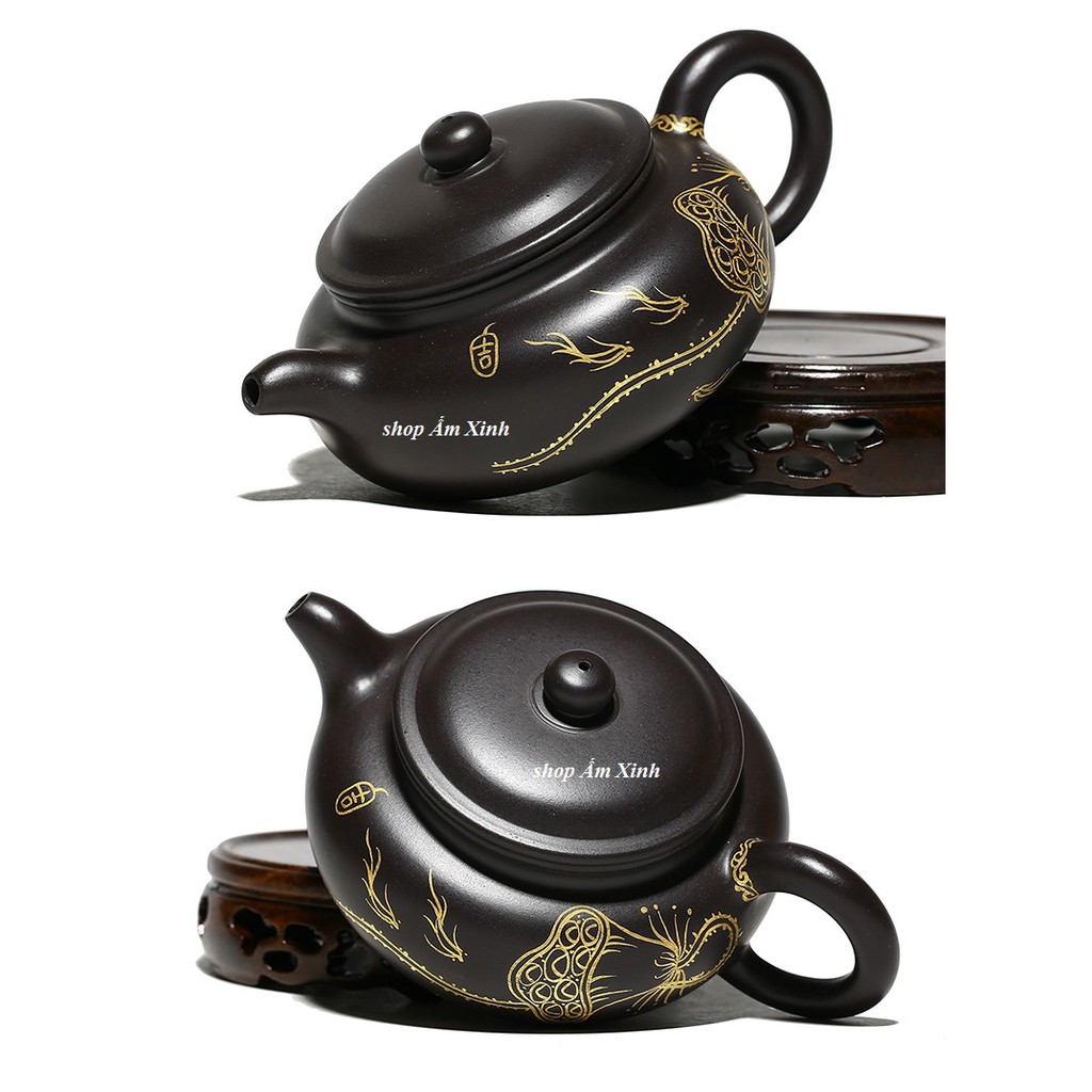 Ấm Tử Sa Nghi Hưng Phỏng Cổ Liên Hoa 185 ml Vẽ Vàng 24 K (Hắc Nê)