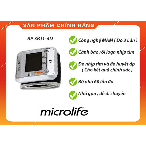 [CHÍNH HÃNG]Máy Đo Huyết Áp Cổ Tay Microlife BP 3BJ1-4D(Tặng kèm áo mưa)