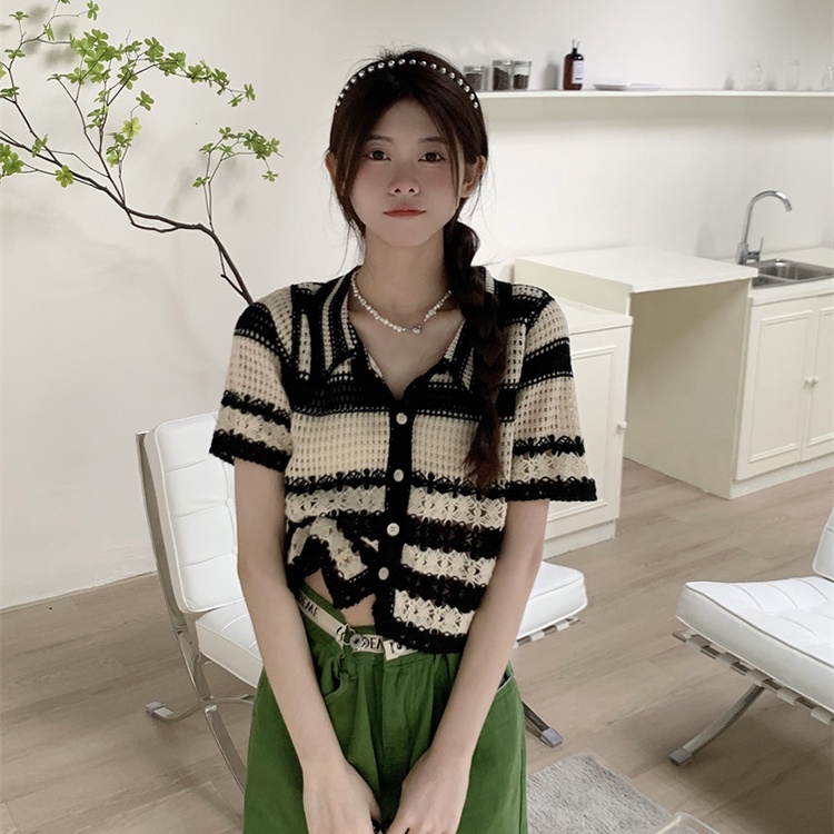 Áo sweater ZHELIHANGFEI ngắn tay cổ polo đan dệt khoét lỗ xuyên thấu thời trang