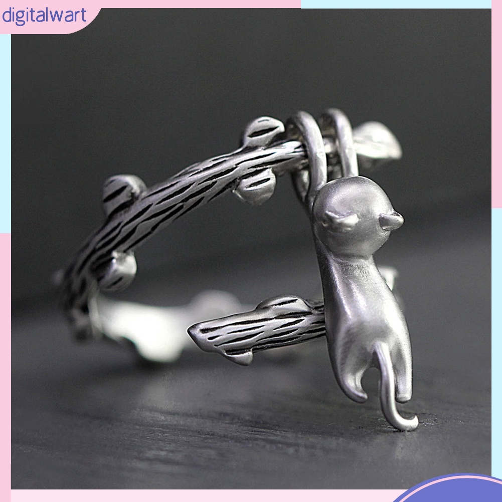 Nhẫn kim loại hình mèo đu nhánh cây đáng yêu và độc đáo