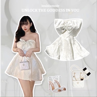 Váy gấm mầu kem nơ ngực dáng xoè/ adeirlina dress