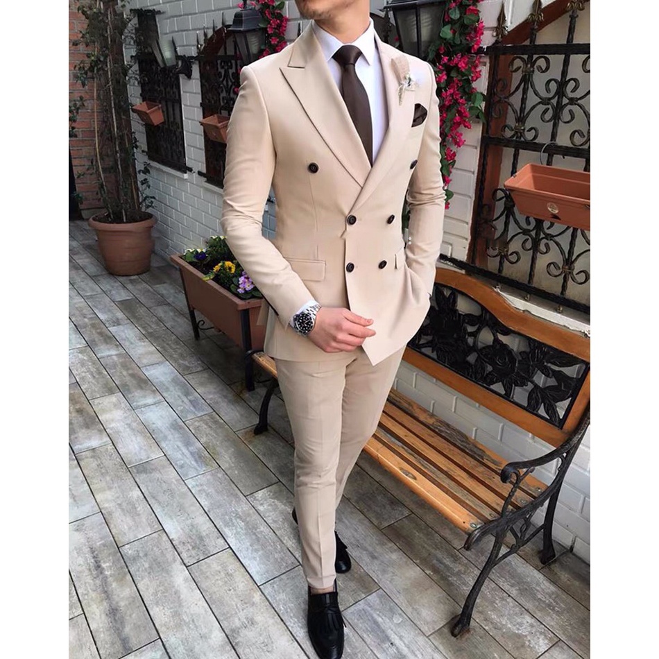 Bộ Vest Nam cao cấp from dáng măng tô 6 cúc màn kem Hàn Quốc-Shop Suit