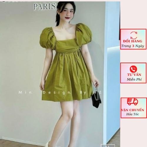 Váy babydoll thô nữ xanh tay phồng tiểu thư cổ vuông nơ lưng ulzzang Hàn Quốc