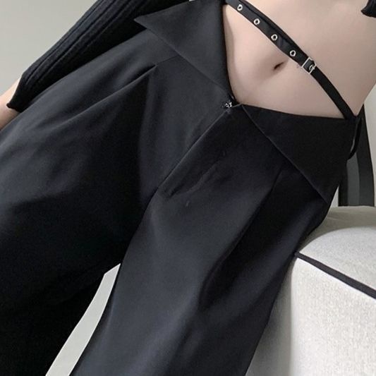 Jiashucheng Thắt Lưng Quần Ống Rộng Lưng Cao Màu Đen Phong Cách Mới Dễ Phối Đồ Cho Nữ