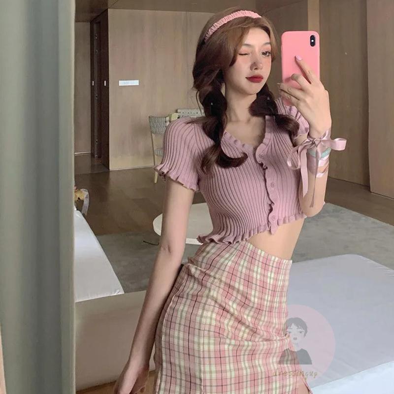 Áo Thun Dệt Kim Ngắn Mỏng Trang Trí Nút Áo Màu Trơn Cho Nữ