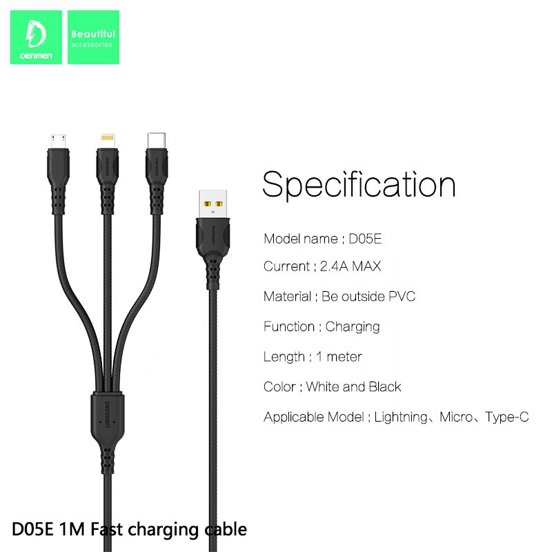 [ BH 6 THÁNG ] Dây cáp sạc đa năng DENMEN 3 đầu 3in1 (MicroUSB + Type-C + Lightning)