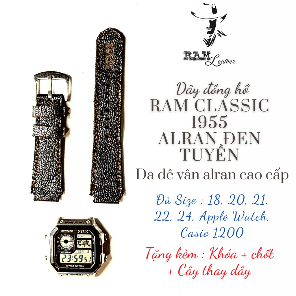 Dây Đồng Hồ Thủ Công Da Thật RAM Leather 1955 Cho Casio AE 1200 WHD và Dây 18mm Da Dê Đen Vân Hạt Bền Đẹp