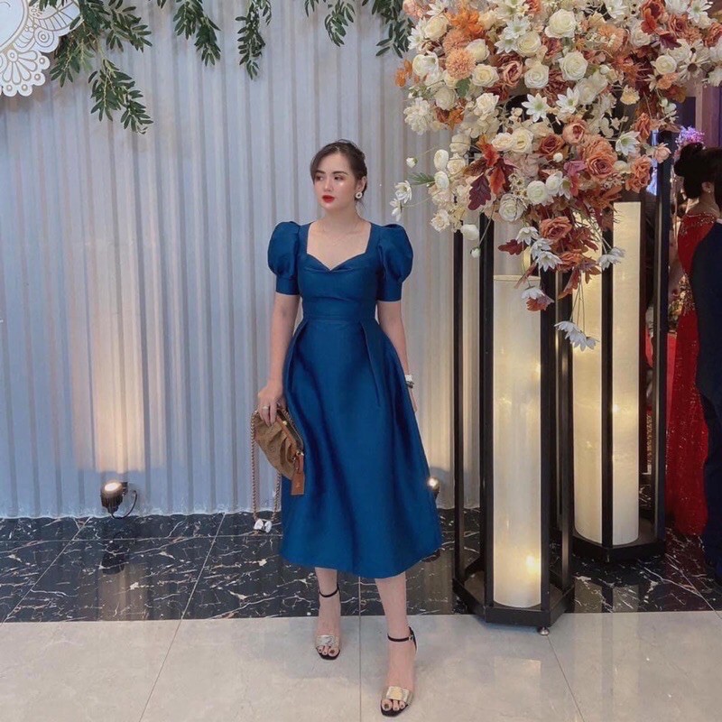 Váy đầm xanh và nâu be tafta tay bồng dáng xoè by thiennly
