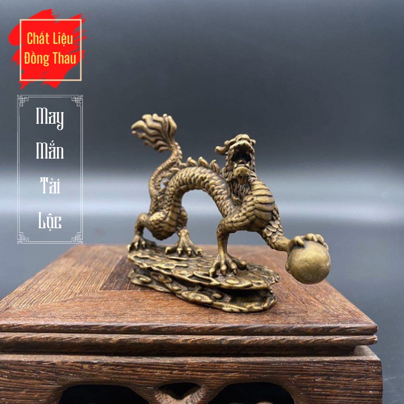 Tượng Đồng Phong Thủy May Mắn Tài Lộc Hình Con Rồng Ngọc Châu Có Đế