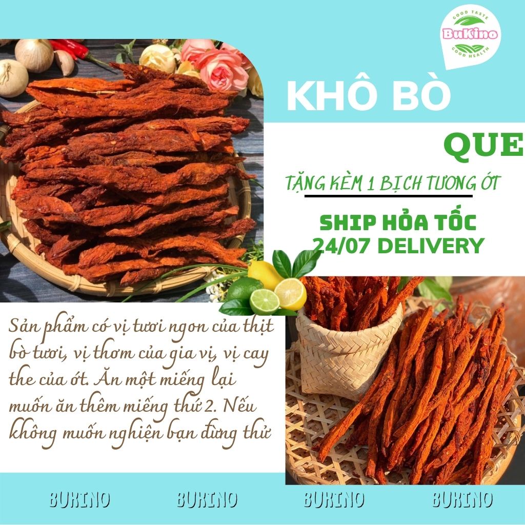 Khô bò que BUKINO hộp 250gr, đồ ăn vặt bò khô cay vừa thơm ngon an toàn vệ sinh thực phẩm Hà Nội