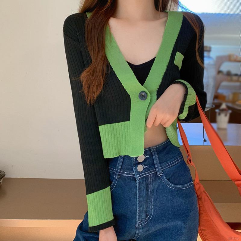 Áo Khoác Cardigan Dệt Kim Tay Dài Phối Màu Tương Phản Phong Cách Retro Hàn Quốc Cho Nữ