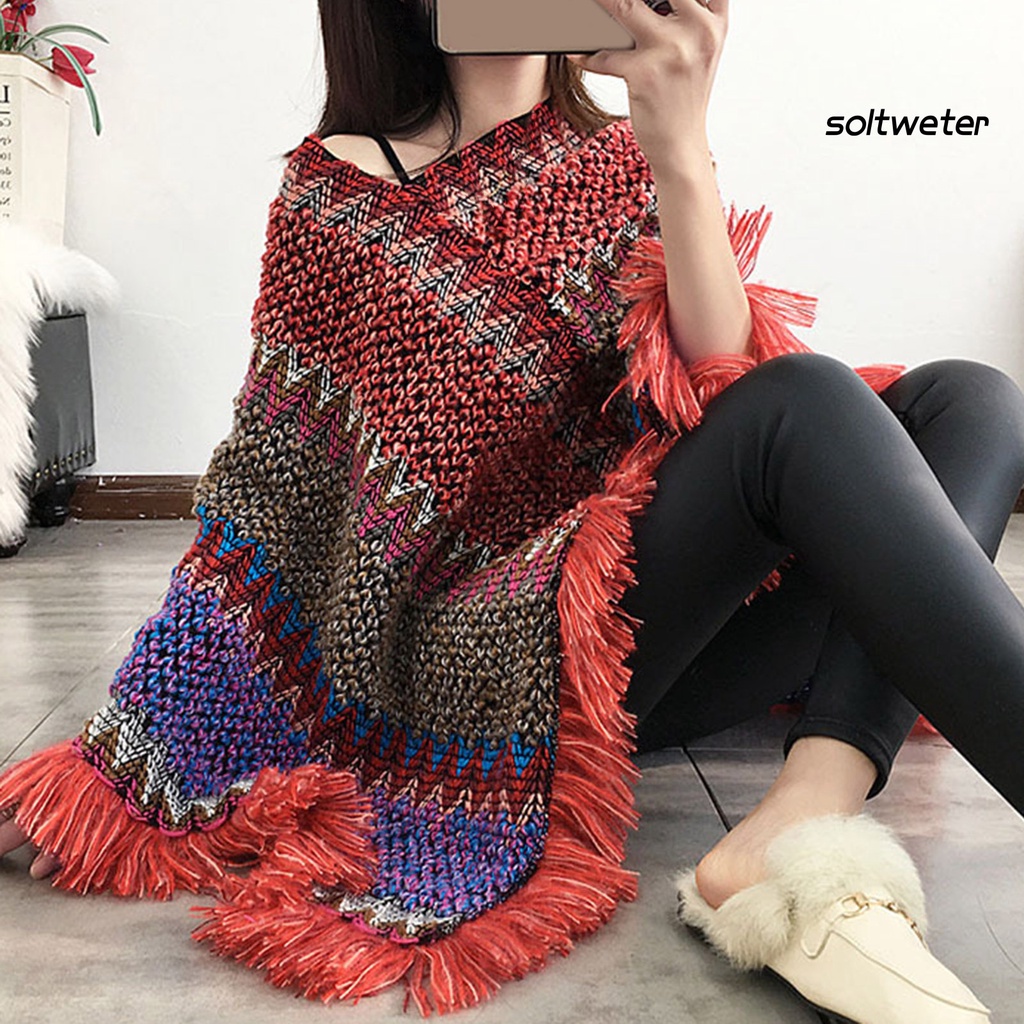 Áo choàng dệt kim cổ chữ V phối tua rua nhiều màu thời trang thu đông cho nữ