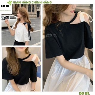 Áo thun nữ buộc nơ vai kiểu cổ choker hàn quốc tiểu thư bánh bèo dễ thương chất cottong thấm hút mồ hôi -EOBI