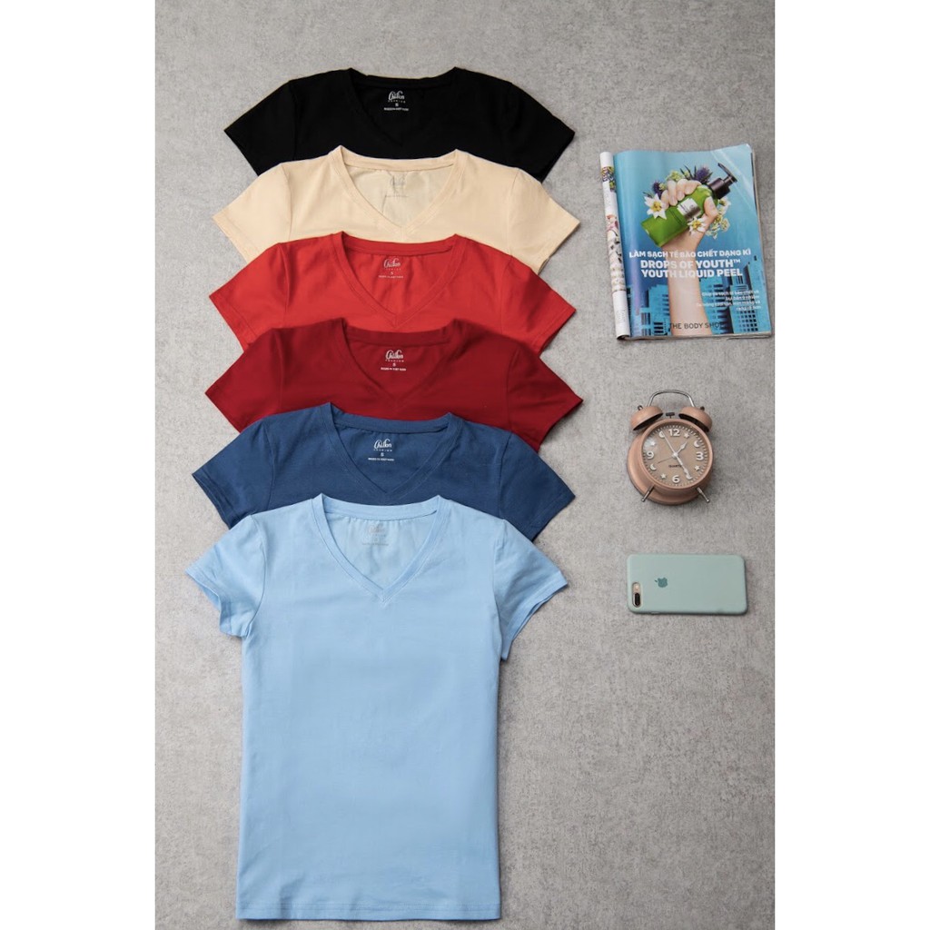 Áo phông nữ basic cổ tim chất cotton co dãn 4 chiều Chiffon