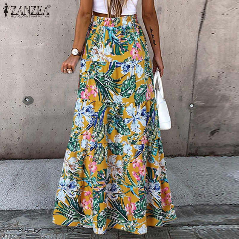 Chân Váy Dài ZANZEA In Hoa Lưng Co Giãn Vạt Trước Ngắn Vạt Sau Dài Dáng Rộng Cho Nữ