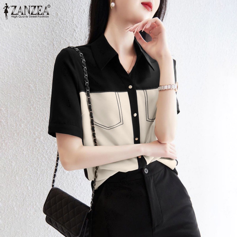 Áo kiểu ZANZEA tay ngắn cổ bẻ phối màu tương phản thời trang cho nữ