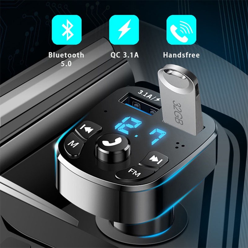 Thiết Bị Phát Bluetooth 5.0 Fm Sạc Nhanh Qc3.0 Cổng Usb Kép Và Vôn Kế Aux In / Out Dc 12 / 24v Cho Xe Hơi