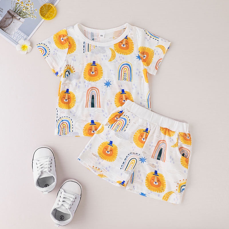 Bộ Đồ Ngủ 2 Món Gồm Áo Thun Tay Ngắn Và Quần Ngắn In Họa Tiết Hoạt Hình Dành Pijama Set Cho Bé Trai/Bé Gái Sơ Sinh 0-4 Tuổi