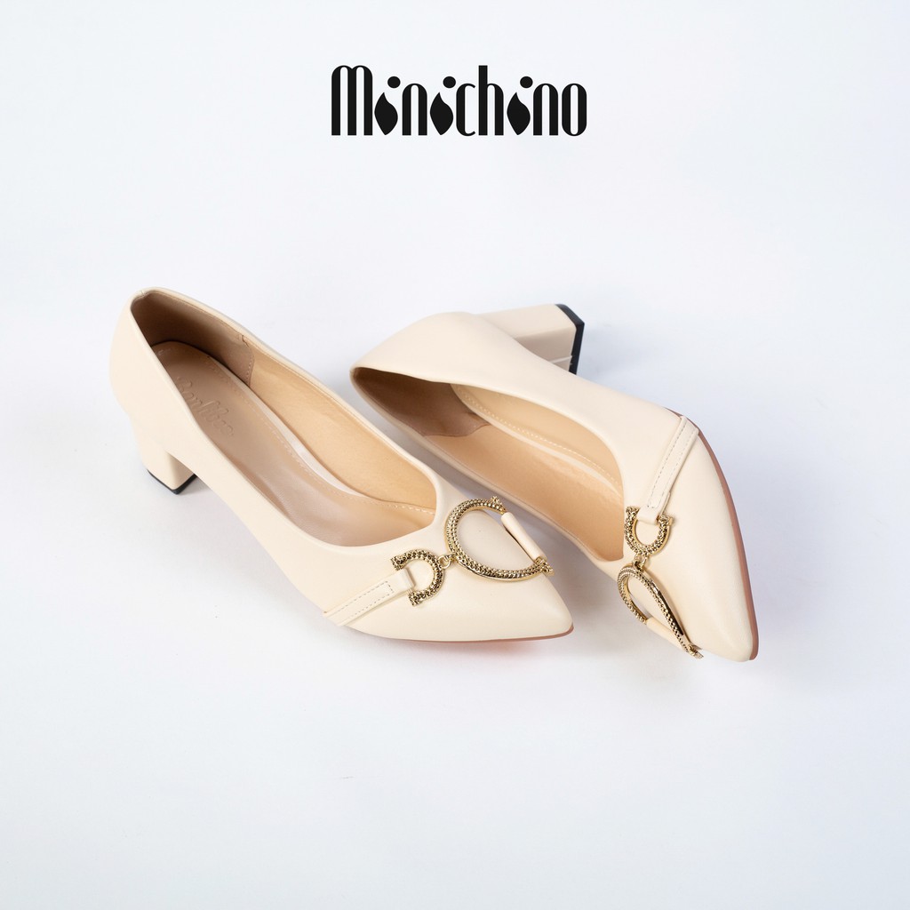 Giày búp bê nữ cao 5cm MINICHINO mũi nhọn gót vuông, da mờ thời trang màu kem TC048 | BigBuy360 - bigbuy360.vn