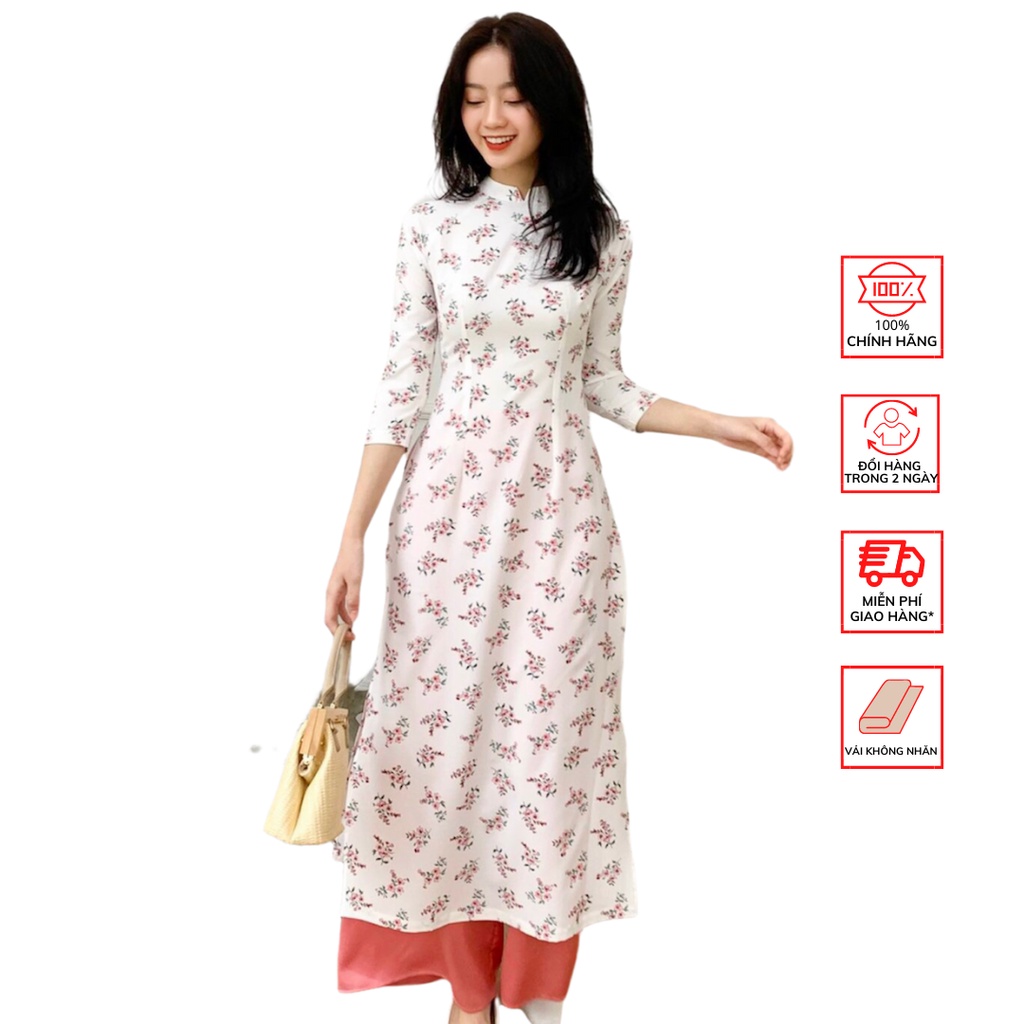 Áo Dài FOR HER Trắng Hoa Hồng Đỏ AD01581