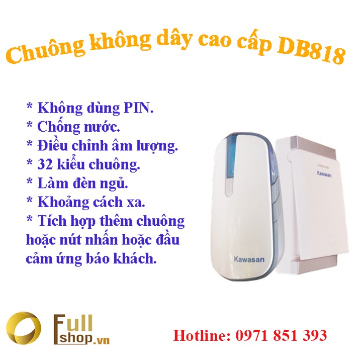 Chuông không dây cao cấp 1 nút nhấn 2 vị trí, nút nhấn không pin chống nước hoàn toàn kawa DB818