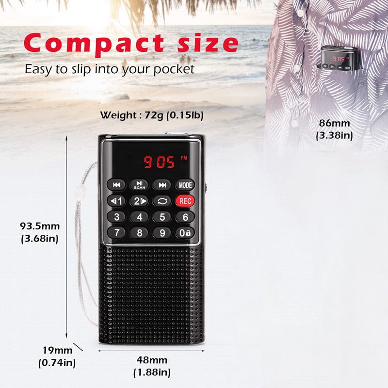 Đài radio Walkman FM bỏ túi sử dụng pin nhỏ gọn có thể ghi âm/phím khóa/phát thẻ SD sạc lại được