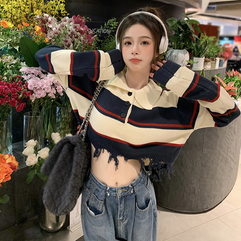 Áo Croptop Dệt Kim Tay Dài Kẻ Sọc Phối Tua Rua Thời Trang Vintage Hàn Quốc Cho Nữ