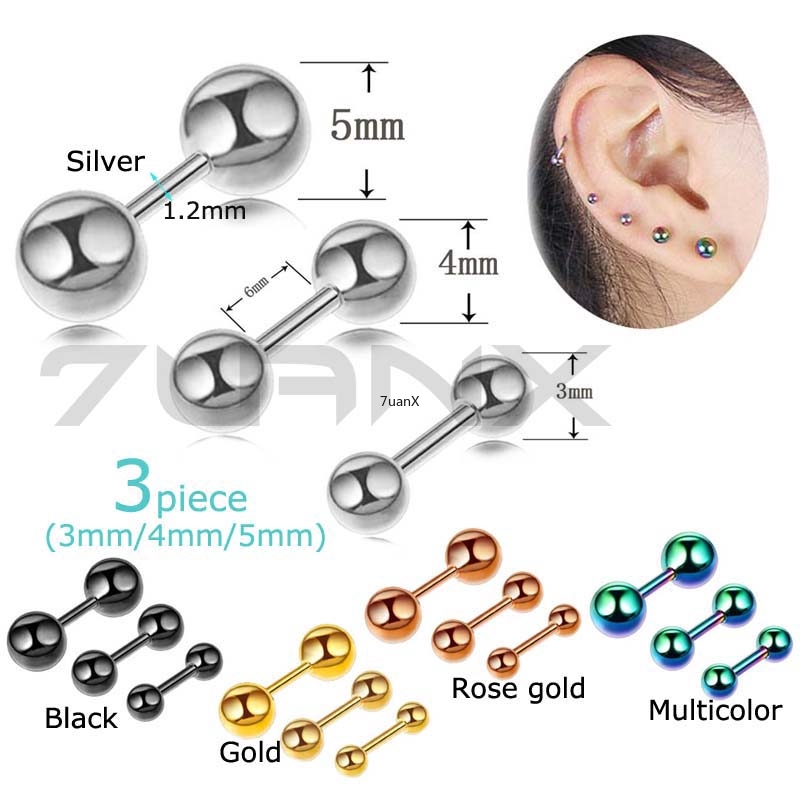 Bộ 3 Khuyên Tai Hình Quả Tạ 16g 3 / 4 / 5mm