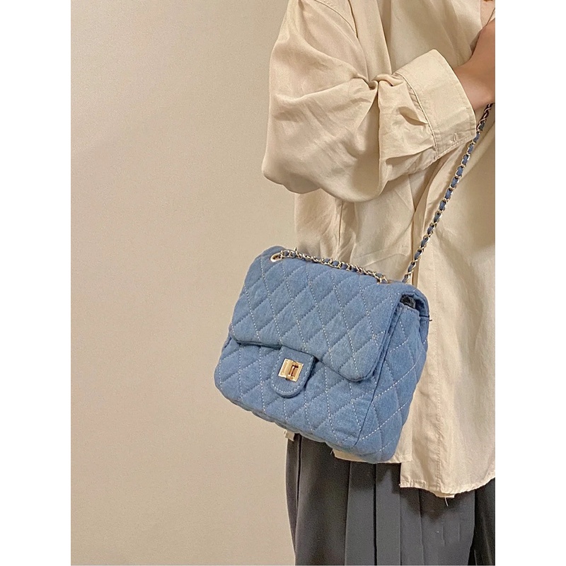 Túi Đeo Chéo Vải denim Họa Tiết Hình Thoi Phong Cách Cổ Điển Dành Cho Nữ
