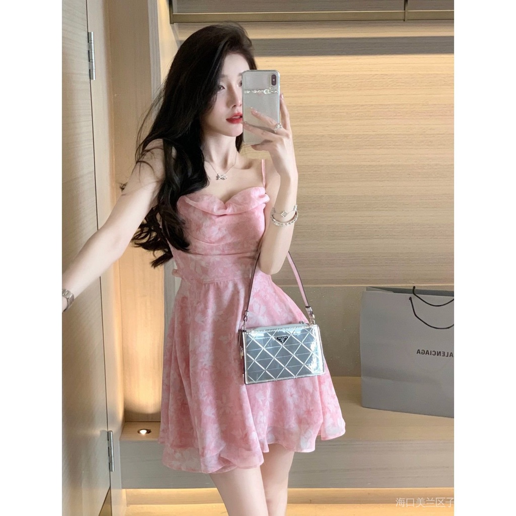 New stock pink floral romantic short skirt for women's summer 2023, unique design, slim fit for niche, floral dress, French dress, short sleeved dress, floral dress, long dress