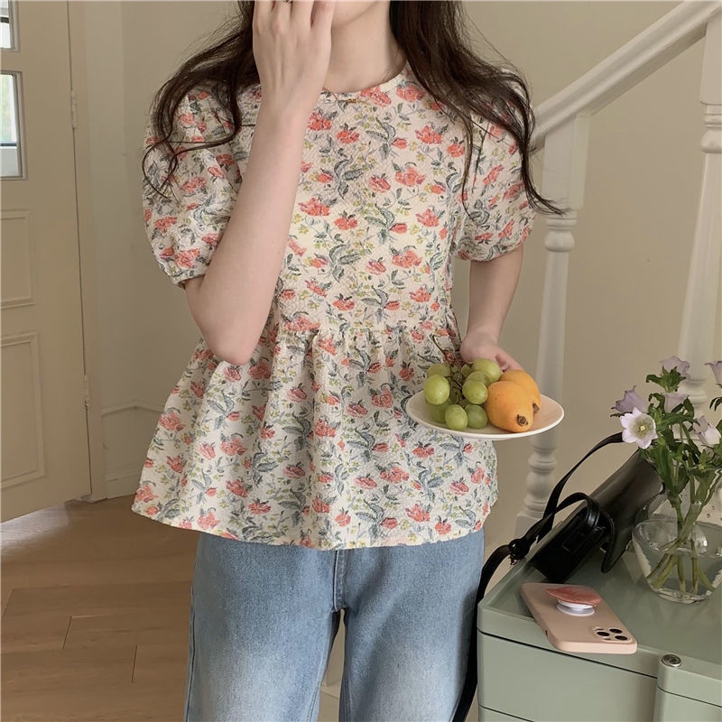 Salty Áo Sơ Mi Ngắn Tay Phồng Ngọt Ngào Giảm Tuổi Hình Hoa Cho Nữ
