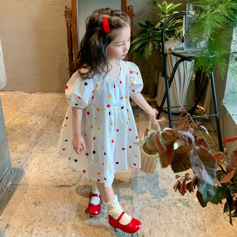 Đầm Công Chúa Tay Ngắn Phồng Cổ Tròn Họa Tiết Chấm Bi Nhiều Màu Kiểu Hàn Quốc Thời Trang Mùa Hè Cho Bé Gái