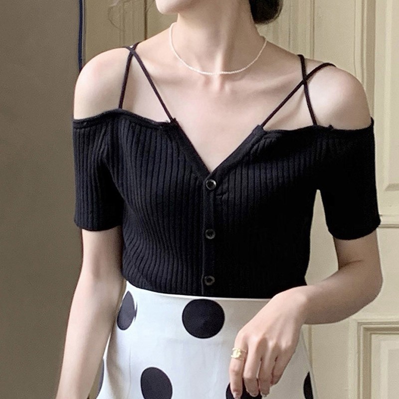 Cocory vn Áo croptop dệt kim tay ngắn trễ vai thiết kế ôm sát quyến rũ