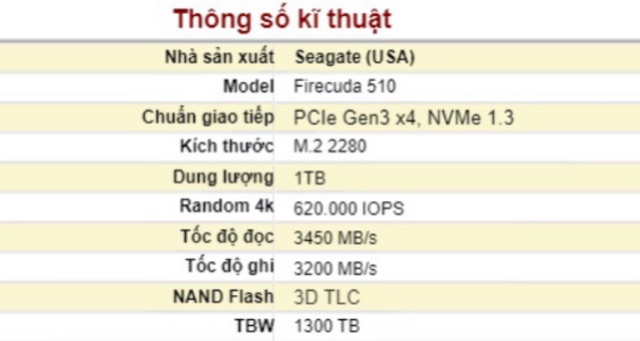 Ổ cứng SSD Seagate FireCuda 510 1TB M2 NVME PCIe Gen3 ×4 ( ZP1000GM30011 )