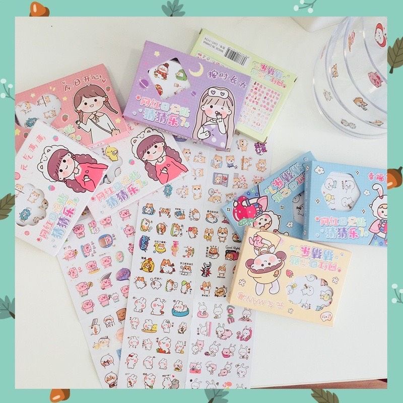 Hộp 12 tấm sticker cute trang trí sổ tay, nhãn dán in hình họa tiết động vật đang yêu.