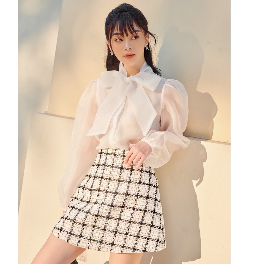 Áo sơ mi organza nữ HUONG BOUTIQUE HBSM714 cổ nơ tay bồng